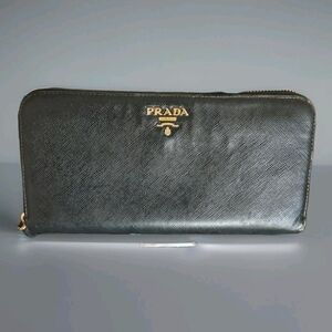 PRADA Zip Around Long Wallet Black Saffiano Leather Gold Logo Made In Italy